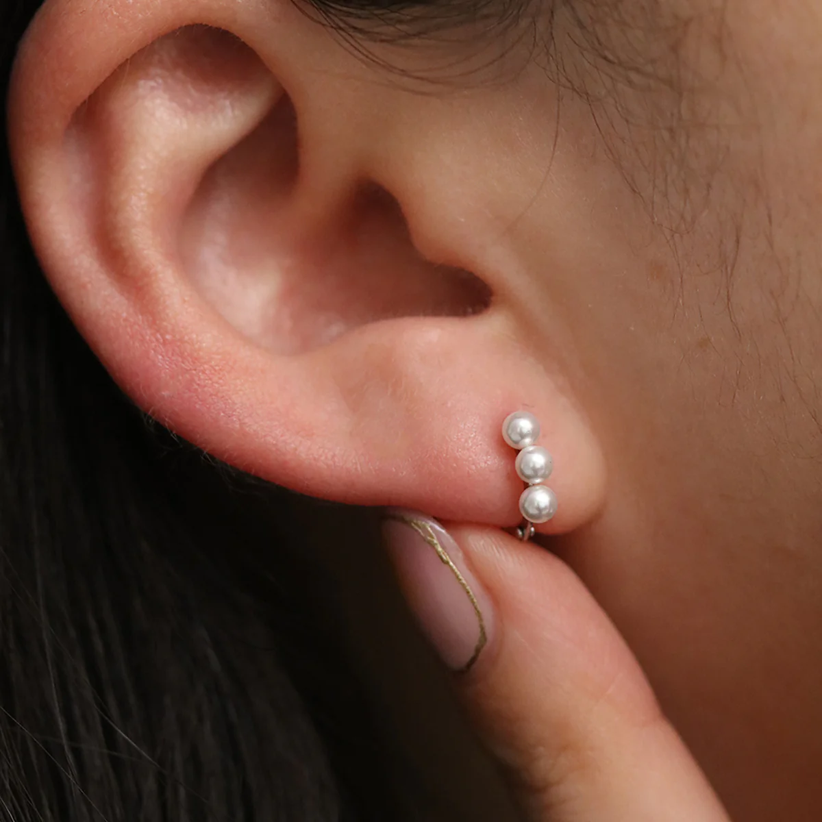 Triple Pearls Huggie Earring - Image 4