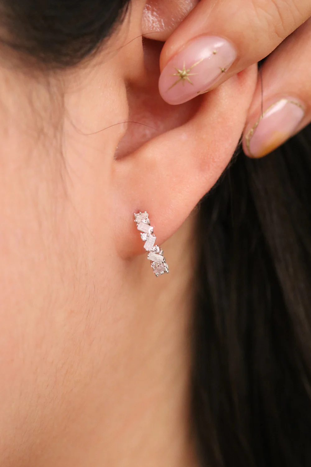 White Topaz and Rose quartz Semi-Hoop Earrings - Image 3