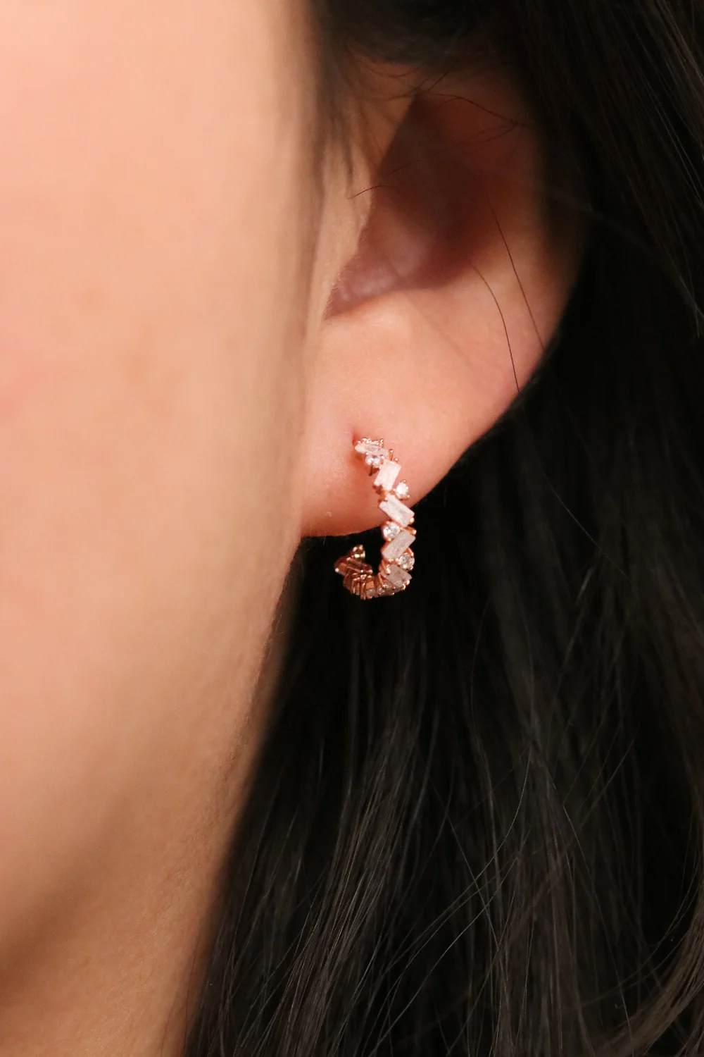 White Topaz and Rose quartz Semi-Hoop Earrings - Image 4